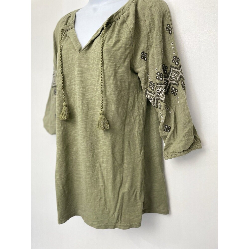 J. Jill Embroidered Top Tassel Womens Xsmall Cotton Modal 3/4 Sleeve olive green